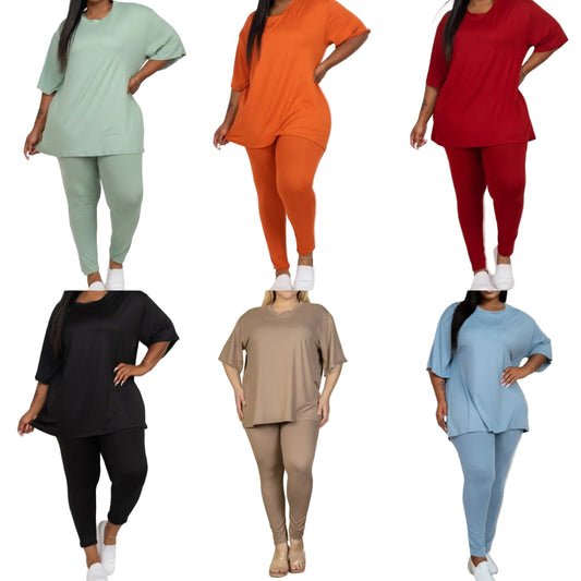 Collage of six different colored outfits worn by a model on a white background.