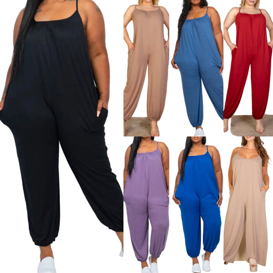 Collage of women wearing jumpsuits in various colors on a white background