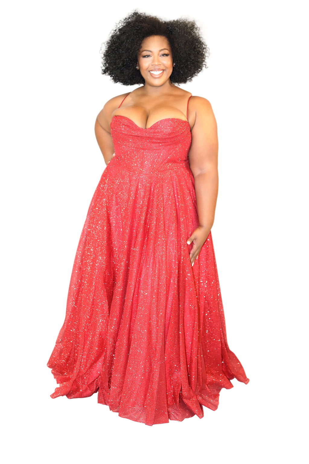 Woman wearing a red evening gown against a white background
