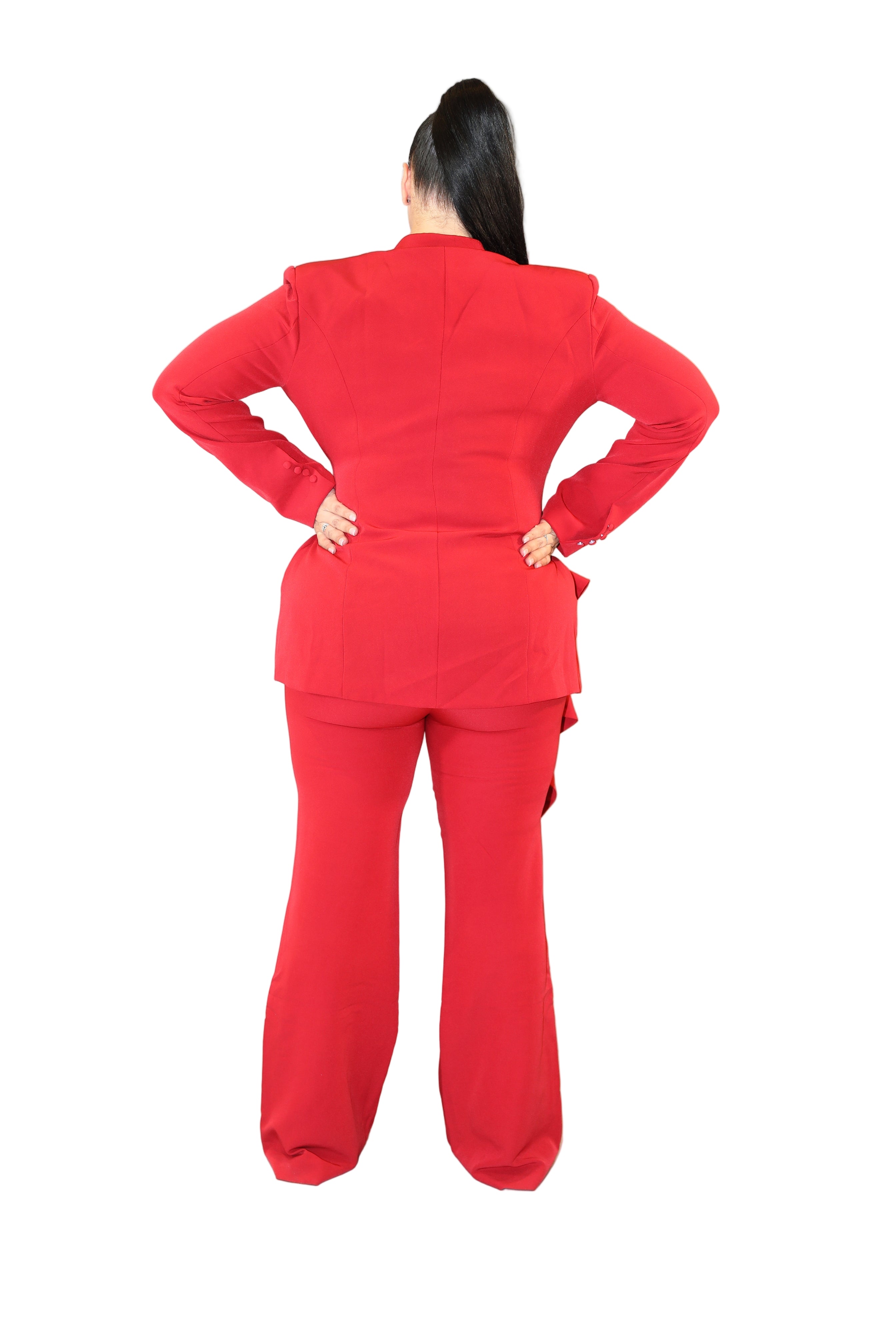 Person wearing a red outfit with a plain background