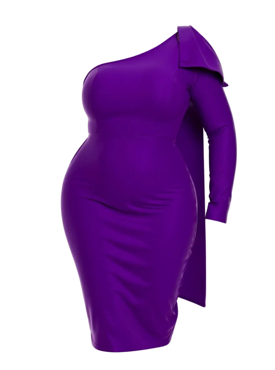 Purple one-shoulder dress on a white background