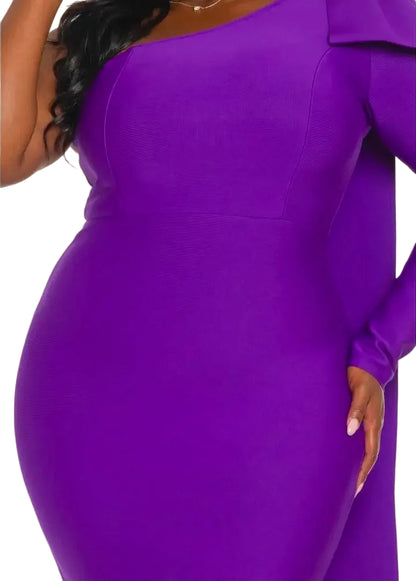 Purple one-shoulder dress worn by a model on a beige background