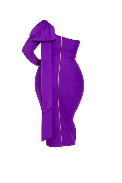 Purple one-shoulder dress with a hood on a beige background