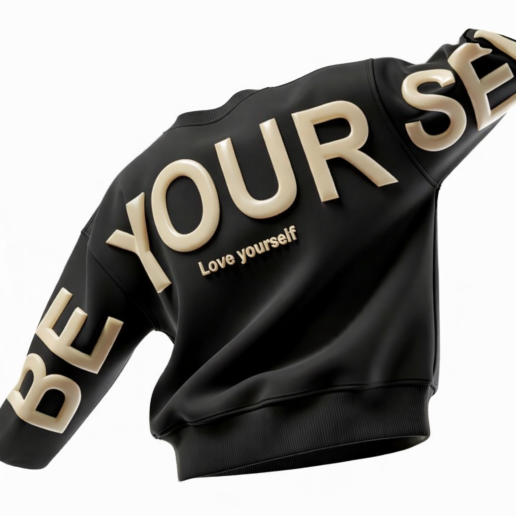 Black hoodie with 'BE YOURSELF' text in beige on a white background