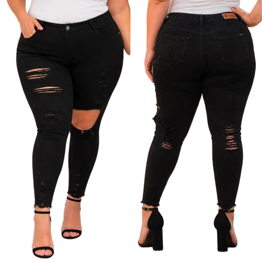 A side-by-side front and back view of a model wearing black distressed skinny jeans with ripped details on the thighs and knees, paired with a white top and black high heels on a paved outdoor walkway.