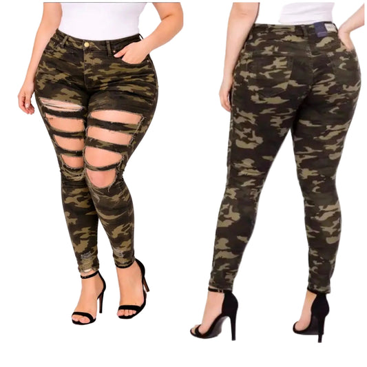 Two views of a model wearing camouflage distressed skinny jeans with multiple ripped sections on the legs, paired with black high-heeled sandals against a white studio background.
