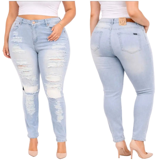 A model shown from the front and back wearing light-wash distressed skinny jeans, a white crop top, and nude high heels against a plain white studio background.