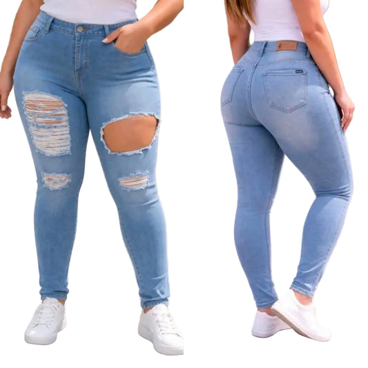 A side-by-side view of a woman modeling light-wash blue distressed skinny jeans. The left panel shows a front view with ripped details on the thighs and knees, and the right panel shows a back view highlighting the high-waisted fit.