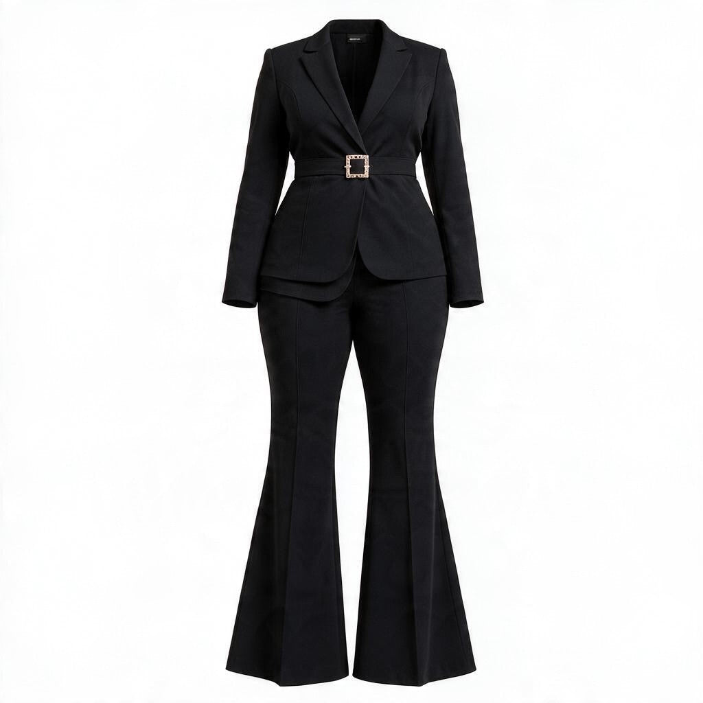 A black two-piece suit featuring a long-sleeve blazer with a structured waist and a decorative gold-tone square buckle, paired with matching flared trousers, shown on a plain white background.