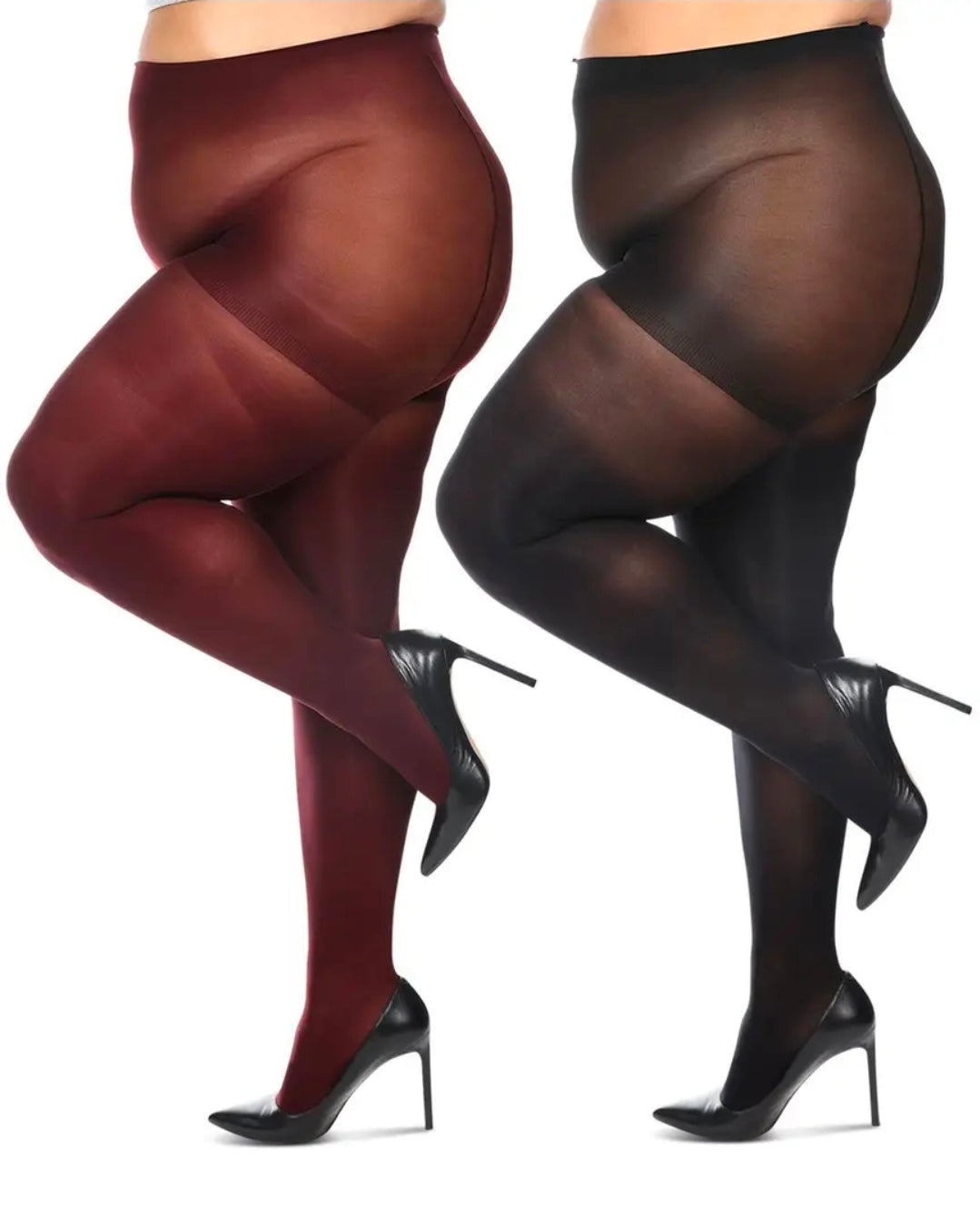 Two pairs of sheer tights, one burgundy and one black, worn with high-heeled shoes on a white background. Side view.