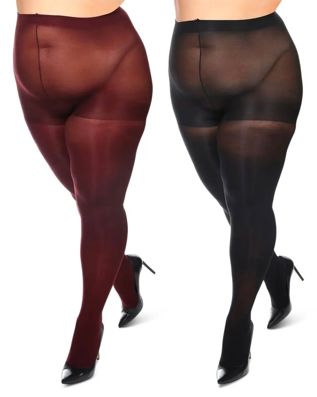 Two models shown from the waist down wearing sheer hosiery in two colorways: a deep burgundy on the left and black on the right, paired with black pointed-toe heels against a plain white background.