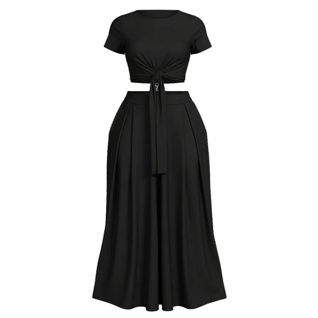 Black two-piece outfit with a top and long skirt on a white background