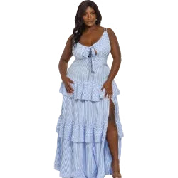 Woman wearing a blue and white striped dress with ruffled layers on a white background