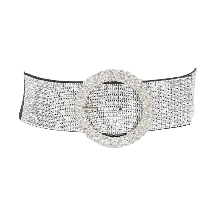 Wide belt with a sparkling buckle on a white background