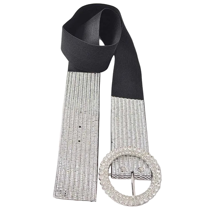 Black belt with a silver rhinestone buckle on a white background