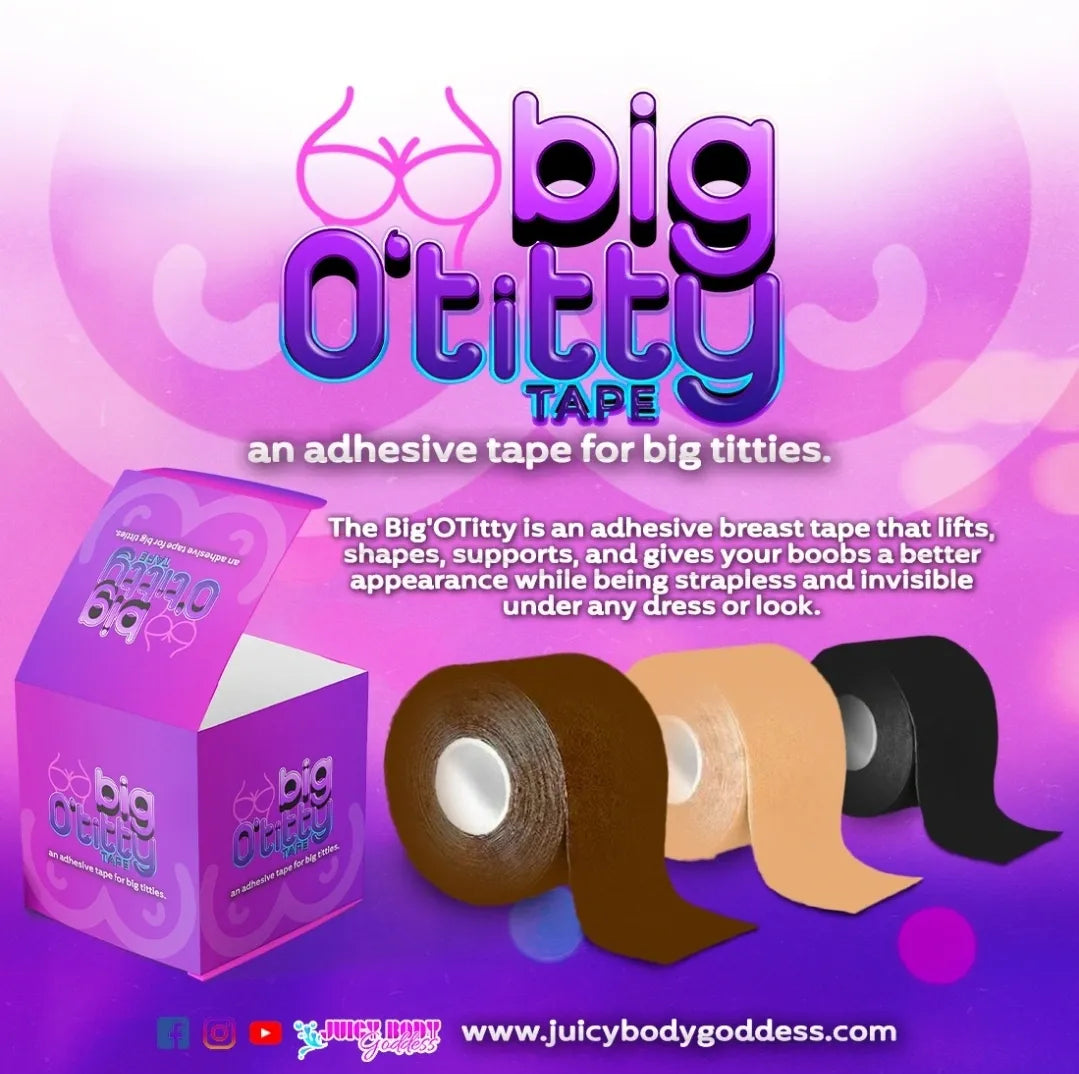 Advertisement for 'Big O'Titty' adhesive tape on a purple background with product packaging and rolls displayed.