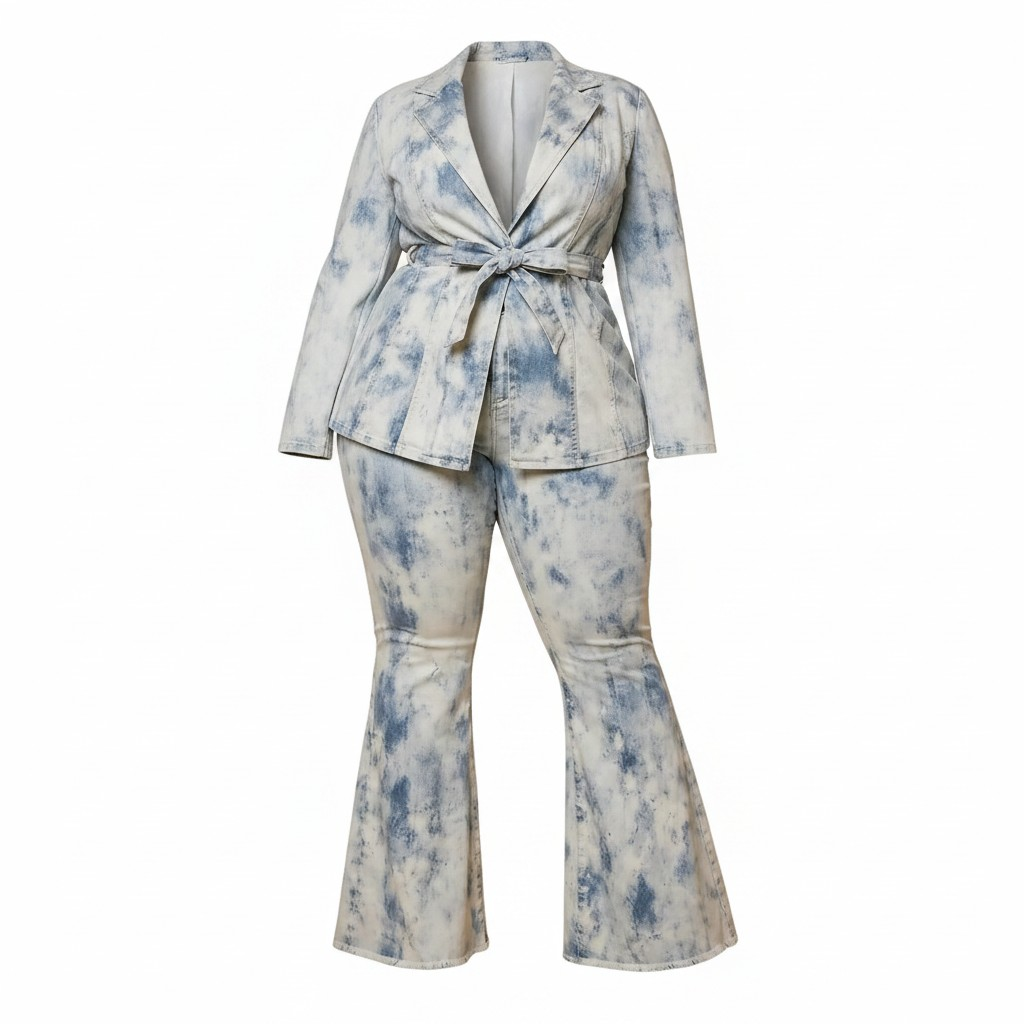 Denim tie-dye suit with a white background