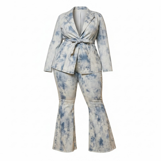 Denim tie-dye suit with a white background