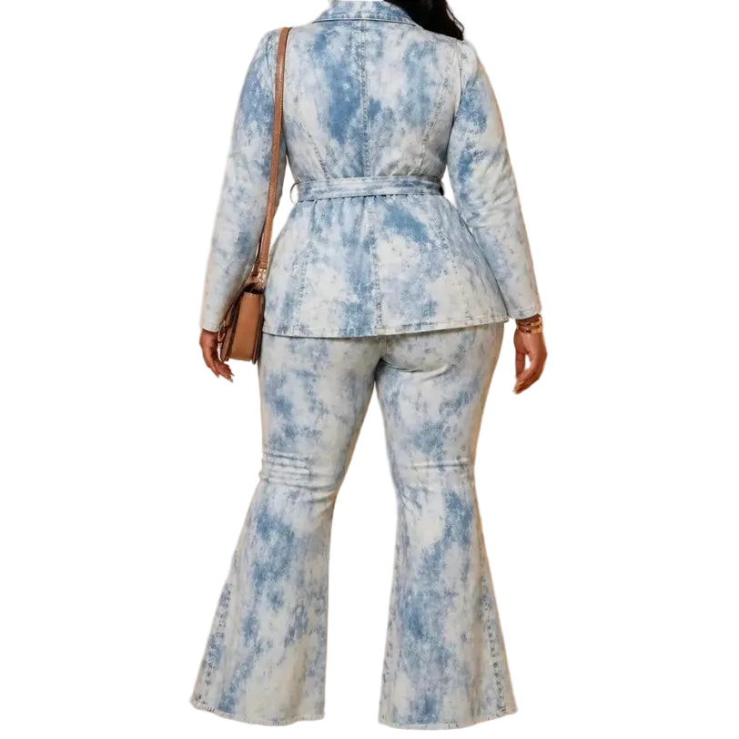 Woman wearing a denim tie-dye suit with a white background (back)