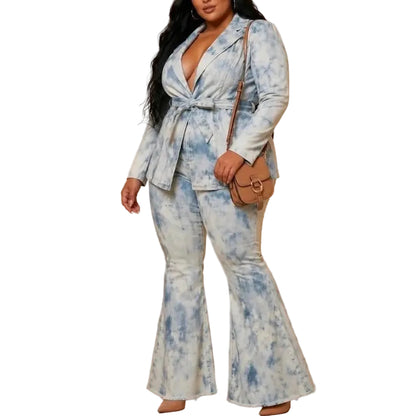 Woman wearing a denim tie-dye suit with a white background (side)