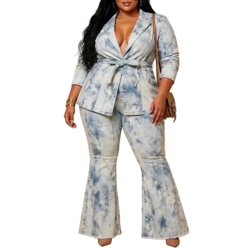 Woman wearing a denim tie-dye suit with a white background (front)