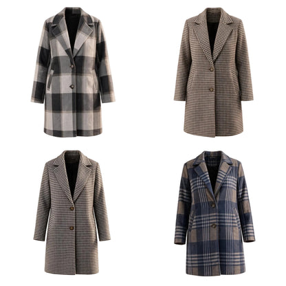 Four women's wool-blend coat styles arranged in a 2x2 grid on a white background: a black, white, and gray plaid coat; a black and white houndstooth coat; a brown and beige houndstooth coat; and a beige and black plaid coat.