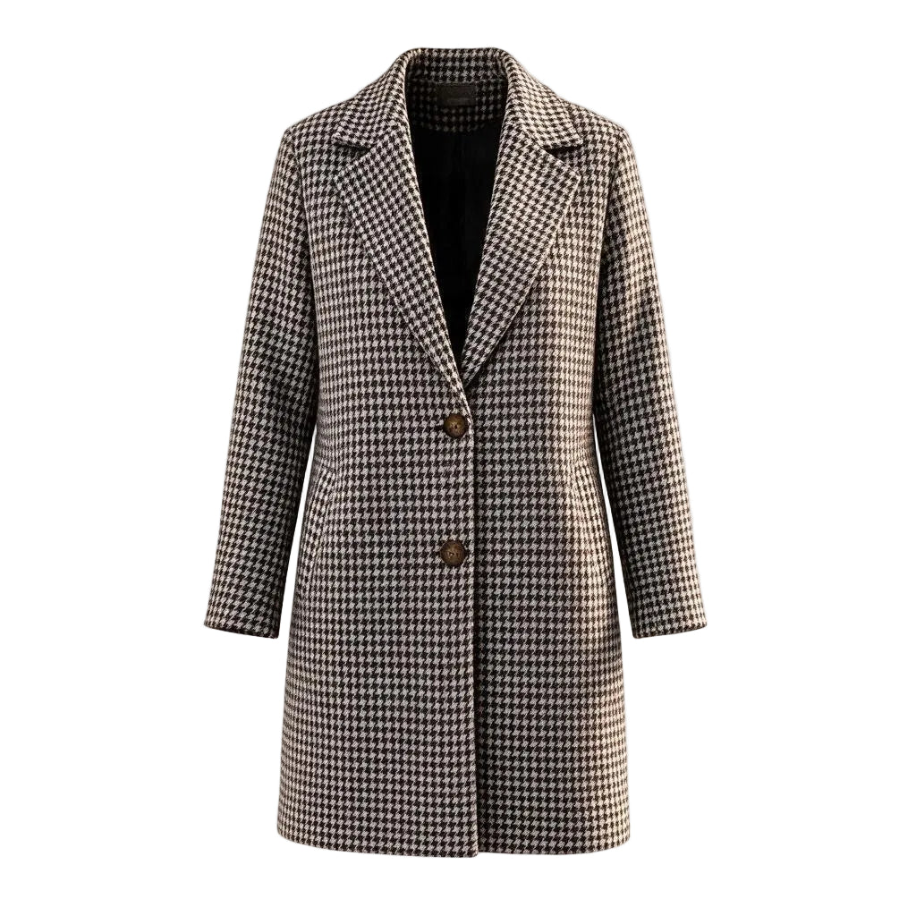 A women's mid-length coat featuring a classic black and beige houndstooth pattern, with a single-breasted double-button closure and a notched lapel collar, shown against a plain white background.