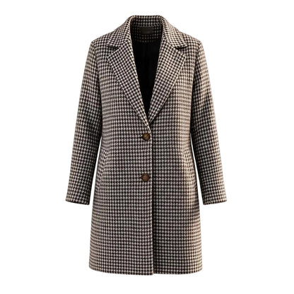 A women's mid-length coat featuring a classic black and beige houndstooth pattern, with a single-breasted double-button closure and a notched lapel collar, shown against a plain white background.