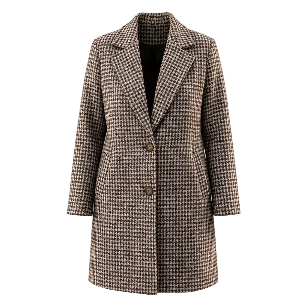 A women's mid-length coat with a brown and beige houndstooth pattern, featuring a single button closure and a structured collar, shown against a plain white background.