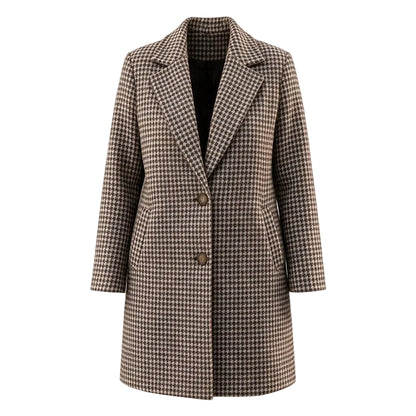 A women's mid-length coat with a brown and beige houndstooth pattern, featuring a single button closure and a structured collar, shown against a plain white background.