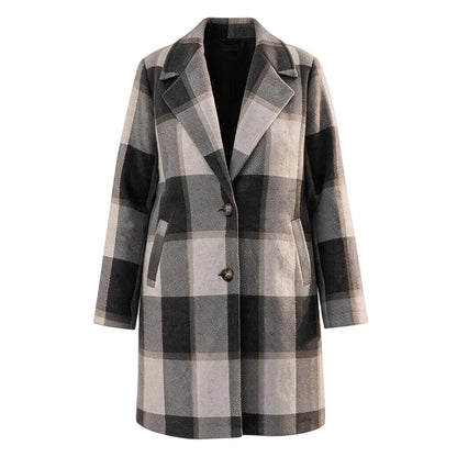A women's mid-length plaid coat in shades of gray, black, and beige, featuring a double-breasted design with two visible brown buttons and a notched lapel collar, shown against a plain white background.