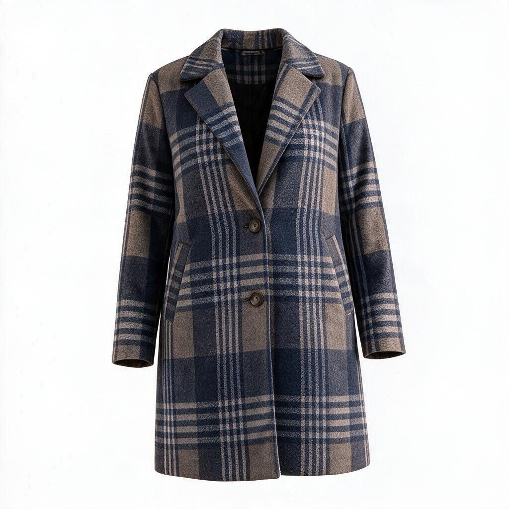 A women's plaid coat in navy blue, beige, and gray, featuring a double-breasted design with notched lapels and two front buttons, shown against a plain white background.