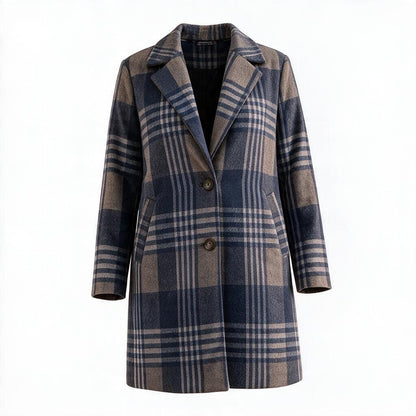 A women's plaid coat in navy blue, beige, and gray, featuring a double-breasted design with notched lapels and two front buttons, shown against a plain white background.