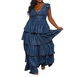 Woman wearing a blue tiered dress on a white background (front)