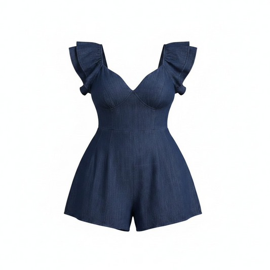 denim romper with ruffle sleeves on white background (front)