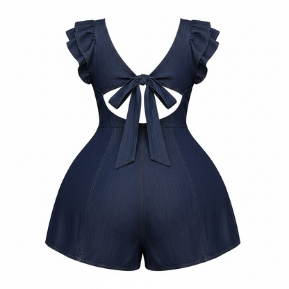 denim romper with ruffle sleeves on white background (back)