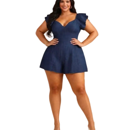 woman wearing denim romper with ruffle sleeves on white background (front)