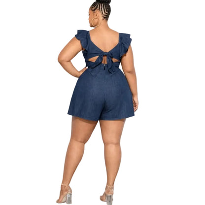 woman wearing denim romper with ruffle sleeves on white background (back)