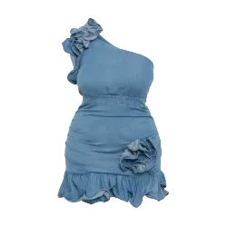 Blue denim one-shoulder dress with ruffled details on a white background. (front)