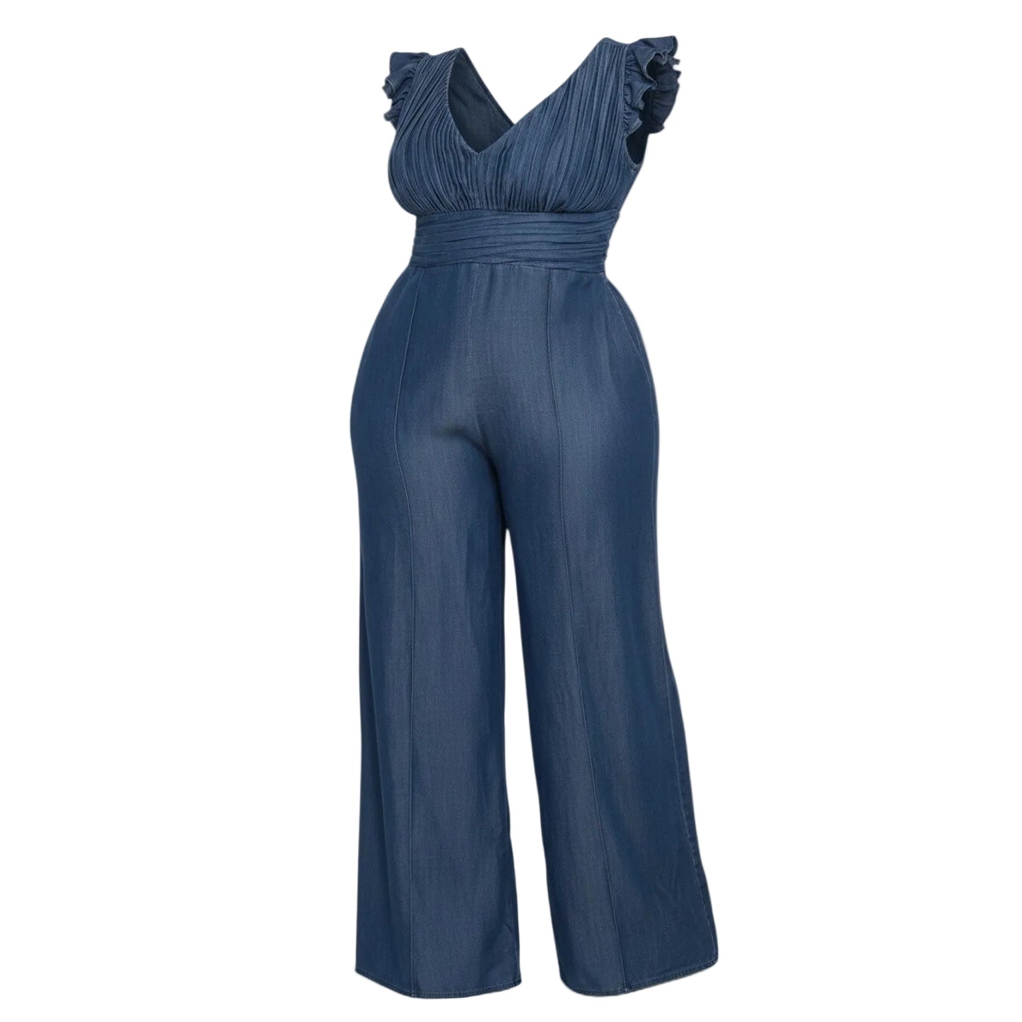 Denim jumpsuit with ruffled details on a white background