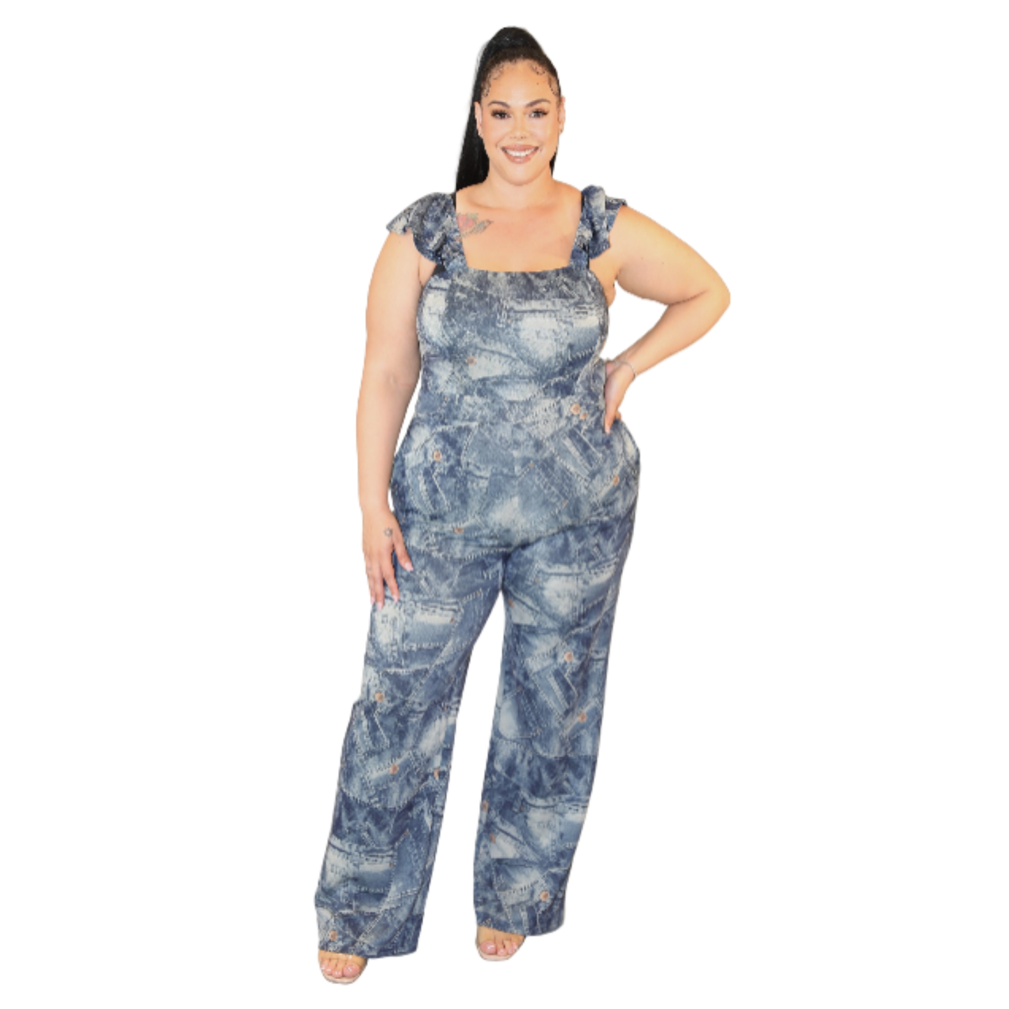 Woman wearing a jumpsuit with a collaged denim print on a white background (front)