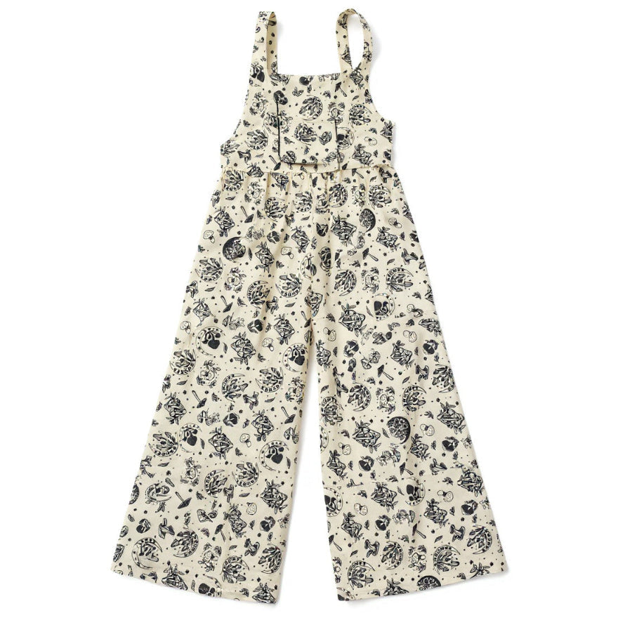 Mushroom patterned overalls on a white background