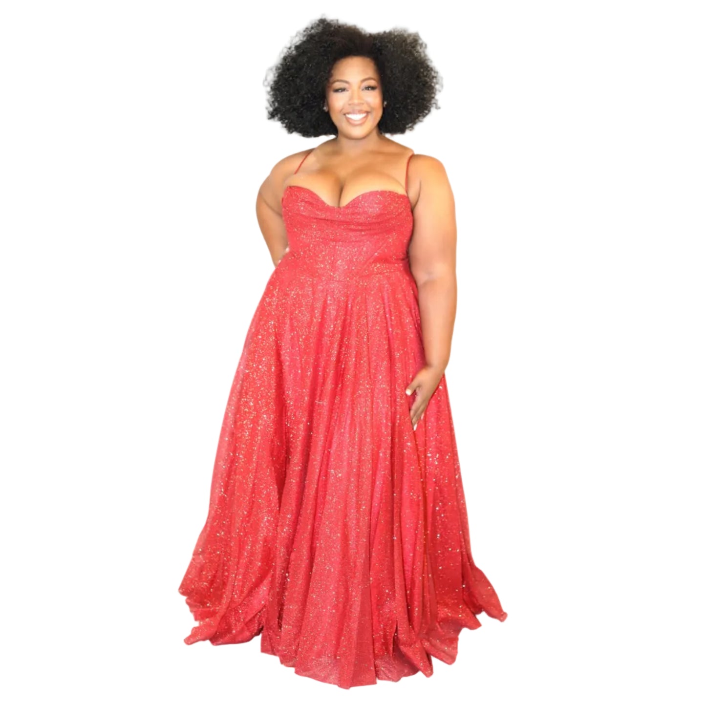 Woman wearing a red sparkly evening gown with a slit on a white background. (front)