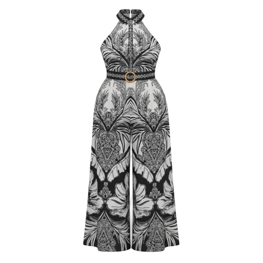Black and white patterned jumpsuit on a white background (front)