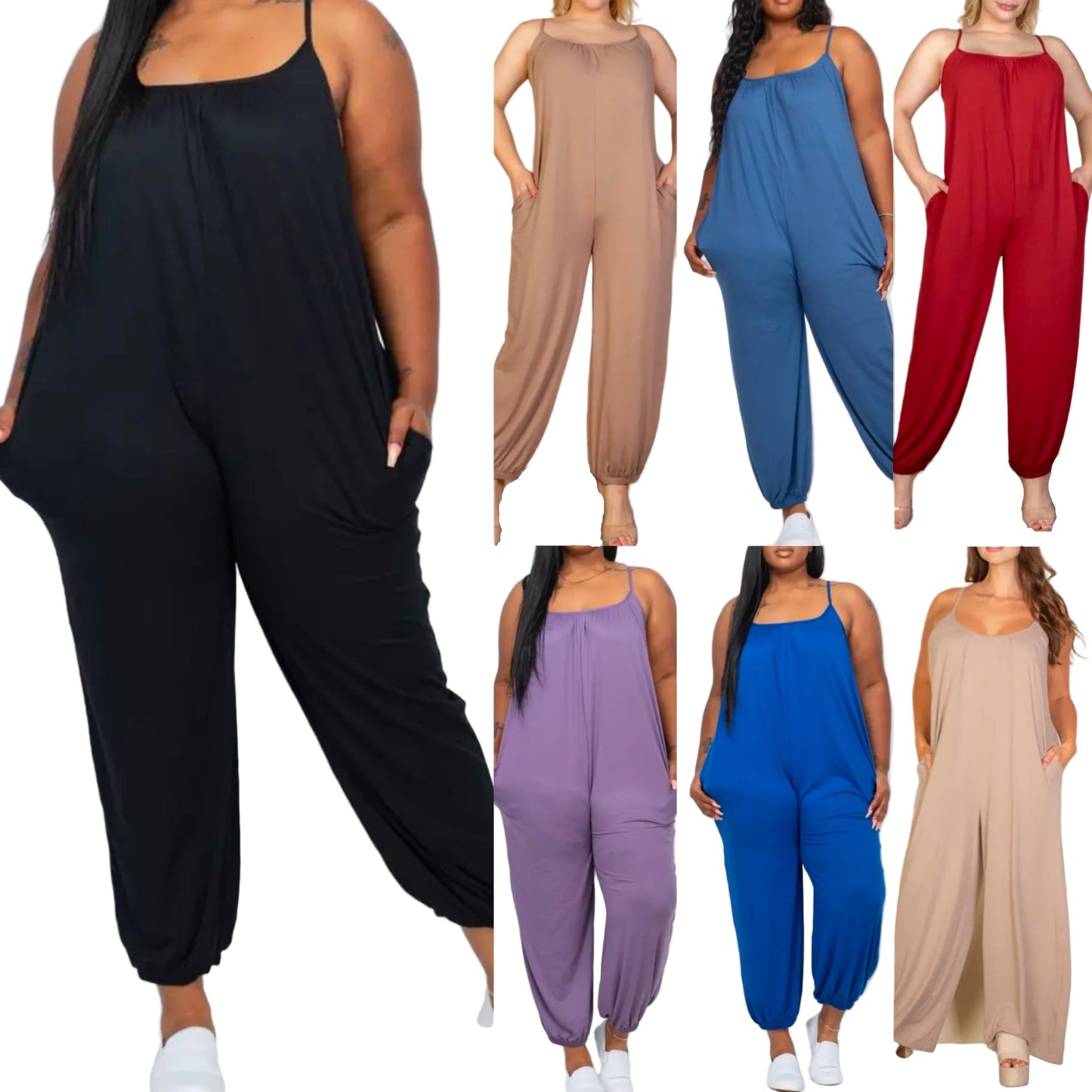 Collage of women wearing jumpsuits in various colors on a white background