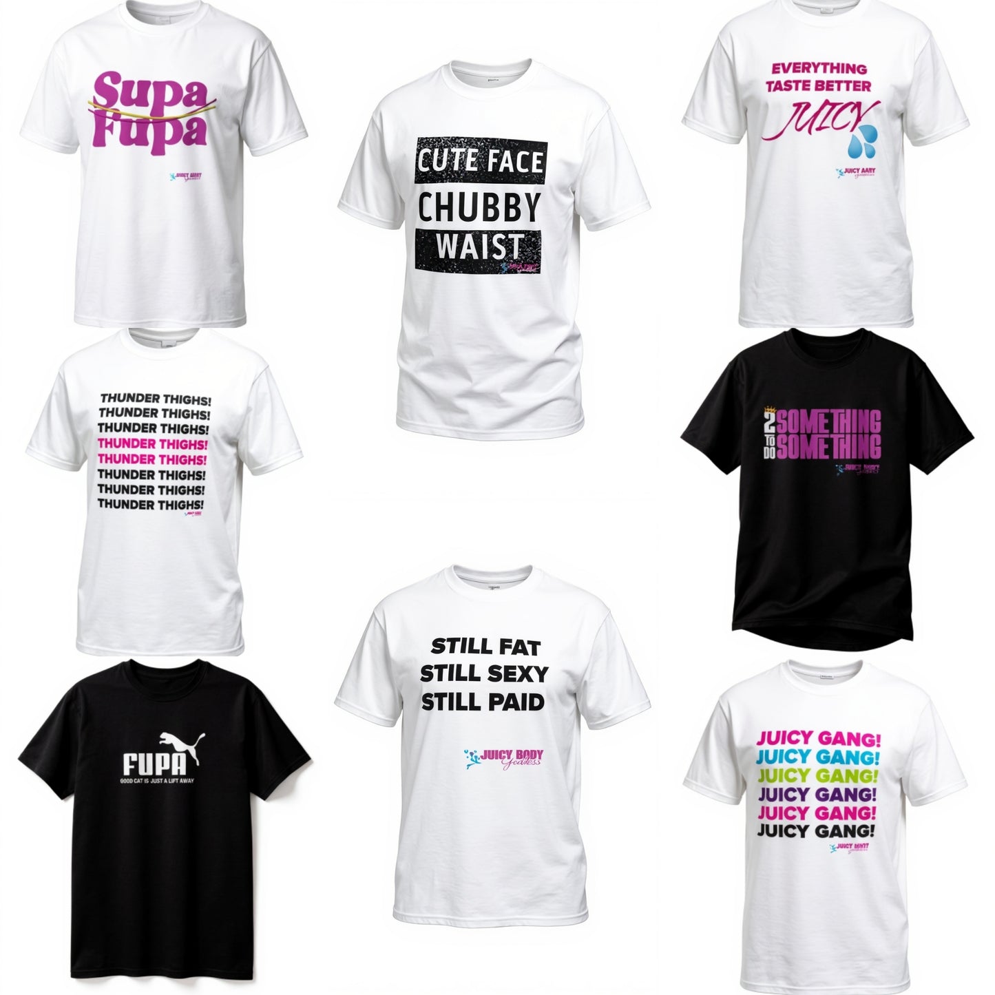Collection of t-shirts with various text designs on a white background