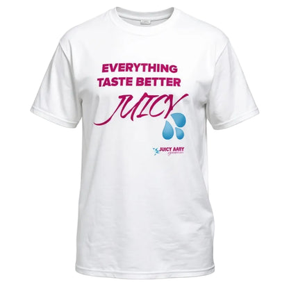 White t-shirt with 'Everything Taste Better Juicy' text and logo on a white background