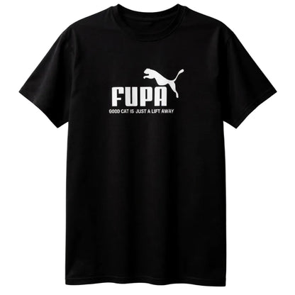 Black t-shirt with white text saying "Fupa, Good cat is just a lift away" and a logo on a white background