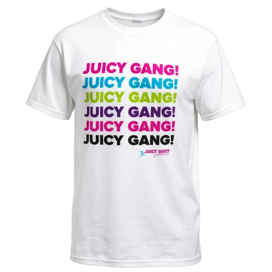 White t-shirt with 'Juicy Gang' text in multiple colors on a white background