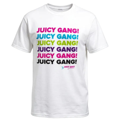 White t-shirt with 'Juicy Gang' text in multiple colors on a white background